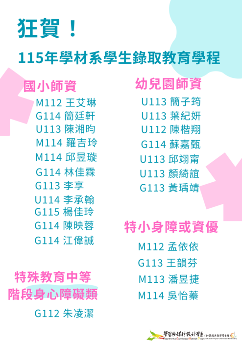 狂賀！115年學材系學生錄取教育學程名單圖片